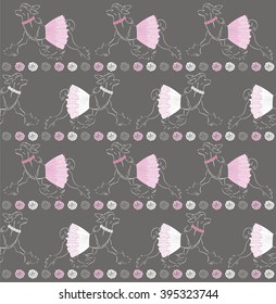 Chinese crested dog in a lace pink skirt and roses. Beautiful seamless pattern, children's wallpaper for the interior, fabric, texture, textile, bandana, scrapbook.