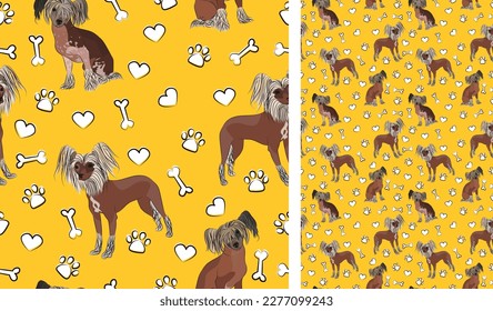 Chinese Crested dog on a playful yellow background with bones and paws. Funky, colorful vibe, vibrant palette. Simple, clean, modern texture. Summer seamless pattern with dogs. Birthday present. Love.