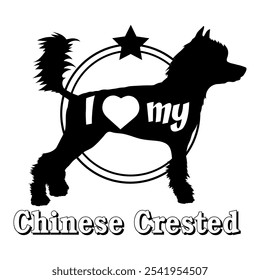  Chinese Crested Hund Silhouette, ich liebe meinen Hund, Hund, Hunderassen, Logo, Vektor, Silhouette, Tier, Illustration, Symbol, Zeichen, schwarz, Haustier,