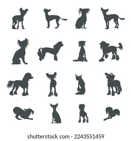 Chinese crested dog silhouettes,  Chinese crested dog silhouette set.