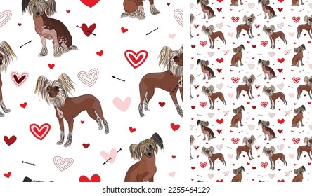 Chinese Crested dog Valentine's day heart wallpaper. Love doodles hearts with pets holiday texture. square background, repeatable pattern. St Valentine's day wallpaper, valentine present, print tiles.