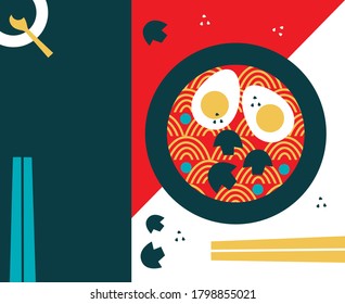 Chinese cuisine. Asian food vector illustration. Mapo tofu, rice, Dragon's beard candy and tanghulu. Noodle dishes top view frame. Food menu design with cooked noodles. Asian cuisine menu background.