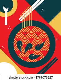 Chinese cuisine. Asian food vector illustration. Mapo tofu, rice, Dragon's beard candy and tanghulu. Noodle dishes top view frame. Food menu design with cooked noodles. Asian cuisine menu background.