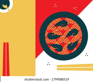 Chinese cuisine. Asian food vector illustration. Mapo tofu, rice, Dragon's beard candy and tanghulu. Noodle dishes top view frame. Food menu design with cooked noodles. Asian cuisine menu background.