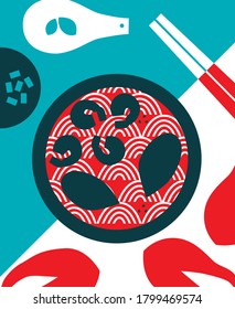 Chinese cuisine. Asian food vector illustration. Noodle dishes top view frame. Food menu design with cooked noodles. Asian cuisine menu background.