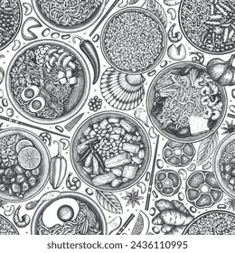 Chinese Cuisine Background. Vector Hand Drawn Asian Food Seamless Pattern. Vintage Style Menu Illustration.