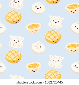 Chinese cuisine cartoon style food pattern vector with egg tart and dim sum. Kawaii asian dishes fun light blue background.
