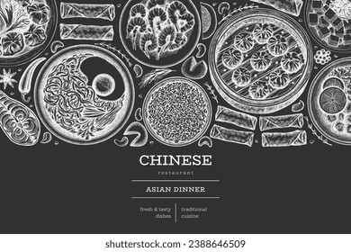 Chinese Cuisine Chalk Board Design Template. Vector Hand Drawn Asian Food Banner. Vintage Style Menu Chalk Illustration.