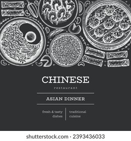 Chinese Cuisine Chalk Board Design Template. Vector Hand Drawn Asian Food Banner. Vintage Style Menu Chalk Illustration.