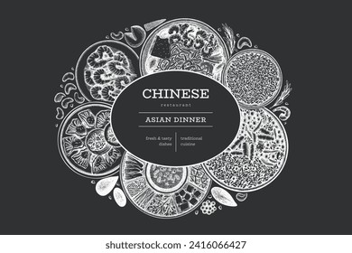 Chinese Cuisine Chalk Board Design Template. Vector Hand Drawn Asian Food Banner. Vintage Style Menu Chalk Illustration.