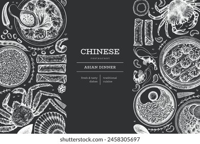 Chinese Cuisine Chalk Board Design Template. Vector Hand Drawn Asian Food Banner. Vintage Style Menu Chalk Illustration.