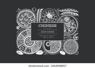 Chinese Cuisine Chalk Board Design Template. Vector Hand Drawn Asian Food Banner. Vintage Style Menu Chalk Illustration.