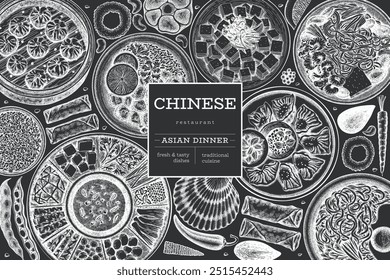 Chinese Cuisine Chalk Board Design Template. Vector Hand Drawn Asian Food Banner. Vintage Style Menu Chalk Illustration.