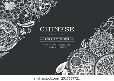 Chinese Cuisine Chalk Board Design Template. Vector Hand Drawn Asian Food Banner. Vintage Style Menu Chalk Illustration.