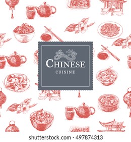 Chinese cuisine colorful illustration. Vector illustration of different Chinese meals.