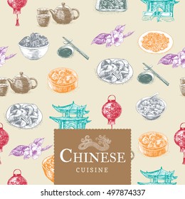 Chinese cuisine colorful illustration. Vector illustration of different Chinese meals.