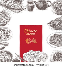 Chinese cuisine colorful illustration. Vector illustration of different Chinese meals.