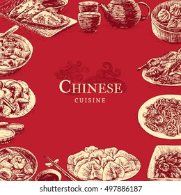 Chinese cuisine colorful illustration. Vector illustration of different Chinese meals.