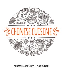 Chinese cuisine concept. Hand drawn vector illustration. Dim sum, spring roll, peking duck, noodle soup, pak choi, fried rice. Can be used for restaurant, cafe, wok menu, sticker, logo, label.