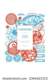 Chinese Cuisine Design Template. Vector Hand Drawn Asian Food Banner. Vintage Style Menu Illustration.