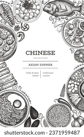Chinesisches Küchendesign-Template. Vektor Hand gezeichnet asiatische Food Banner. Vintage Style Menu Illustration.