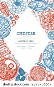 Chinese Cuisine Design Template. Vector Hand Drawn Asian Food Banner. Vintage Style Menu Illustration.