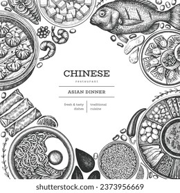 Chinese Cuisine Design Template. Vector Hand Drawn Asian Food Banner. Vintage Style Menu Illustration.