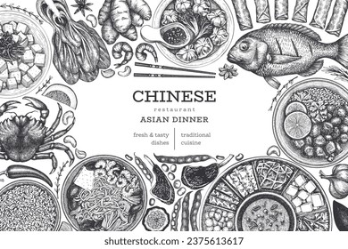 Chinese Cuisine Design Template. Vector Hand Drawn Asian Food Banner. Vintage Style Menu Illustration.