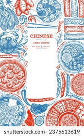Chinese Cuisine Design Template. Vector Hand Drawn Asian Food Banner. Vintage Style Menu Illustration.