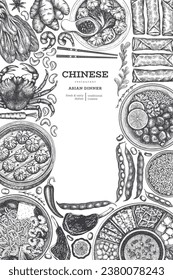 Plantilla De Diseño De Cocina China. Cartel de comida asiática dibujado por vectores. Ilustración del menú Estilo de época.