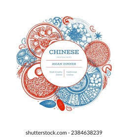 Chinese Cuisine Design Template. Vector Hand Drawn Asian Food Banner. Vintage Style Menu Illustration.
