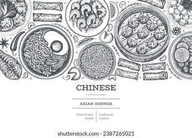 Chinese Cuisine Design Template. Vector Hand Drawn Asian Food Banner. Vintage Style Menu Illustration.