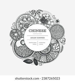 Plantilla De Diseño De Cocina China. Cartel de comida asiática dibujado por vectores. Ilustración del menú Estilo de época.