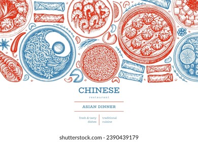 Chinese Cuisine Design Template. Vector Hand Drawn Asian Food Banner. Vintage Style Menu Illustration.