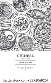 Chinese Cuisine Design Template. Vector Hand Drawn Asian Food Banner. Vintage Style Menu Illustration.