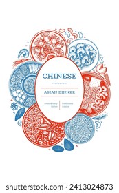 Chinese Cuisine Design Template. Vector Hand Drawn Asian Food Banner. Vintage Style Menu Illustration.