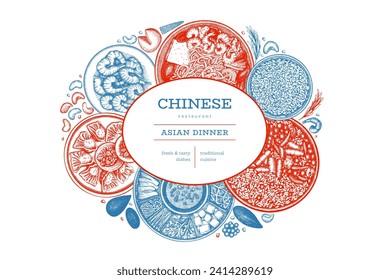 Chinese Cuisine Design Template. Vector Hand Drawn Asian Food Banner. Vintage Style Menu Illustration.