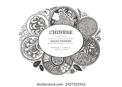 Chinese Cuisine Design Template. Vector Hand Drawn Asian Food Banner. Vintage Style Menu Illustration.