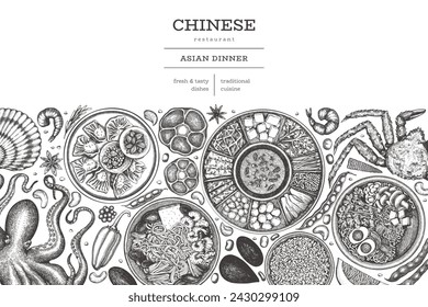 Plantilla de diseño de cocina china. Banner de comida asiática dibujado a mano del vector. Ilustración de menú de estilo vintage.