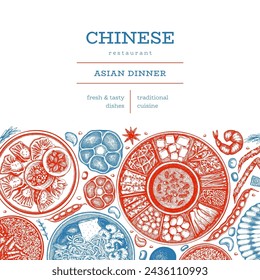 Plantilla de diseño de cocina china. Banner de comida asiática dibujado a mano del vector. Ilustración de menú de estilo vintage.