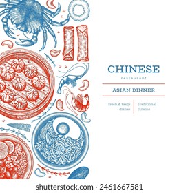Chinese Cuisine Design Template. Vector Hand Drawn Asian Food Banner. Vintage Style Menu Illustration.