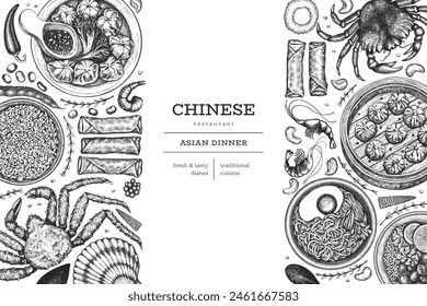 Chinese Cuisine Design Template. Vector Hand Drawn Asian Food Banner. Vintage Style Menu Illustration.