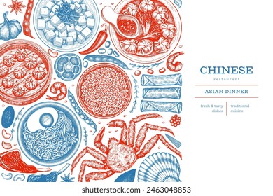 Plantilla de diseño de cocina china. Vector dibujado a mano Anuncio de comida asiática. Ilustración del menú Estilo Antiguas.