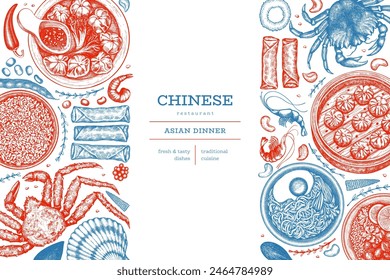 Chinese Cuisine Design Template. Vector Hand Drawn Asian Food Banner. Vintage Style Menu Illustration.