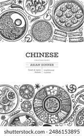 Chinese Cuisine Design Template. Vector Hand Drawn Asian Food Banner. Vintage Style Menu Illustration.