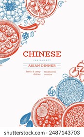 Chinese Cuisine Design Template. Vector Hand Drawn Asian Food Banner. Vintage Style Menu Illustration.