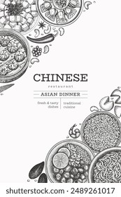 Chinese Cuisine Design Template. Vector Hand Drawn Asian Food Banner. Vintage Style Menu Illustration.