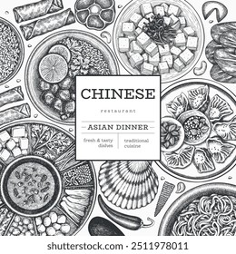 Chinese Cuisine Design Template. Vector Hand Drawn Asian Food Banner. Vintage Style Menu Illustration.