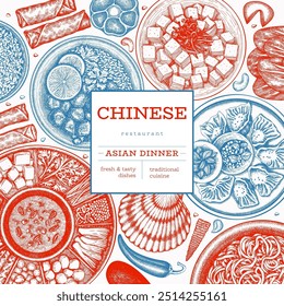 Chinese Cuisine Design Template. Vector Hand Drawn Asian Food Banner. Vintage Style Menu Illustration.