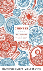 Chinese Cuisine Design Template. Vector Hand Drawn Asian Food Banner. Vintage Style Menu Illustration.